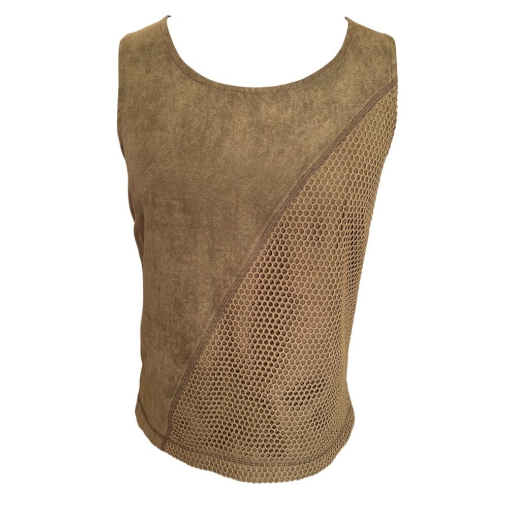 Andrea Quinn Womens Mesh & Faux Suede Brown Tank Top Size 4 *READ